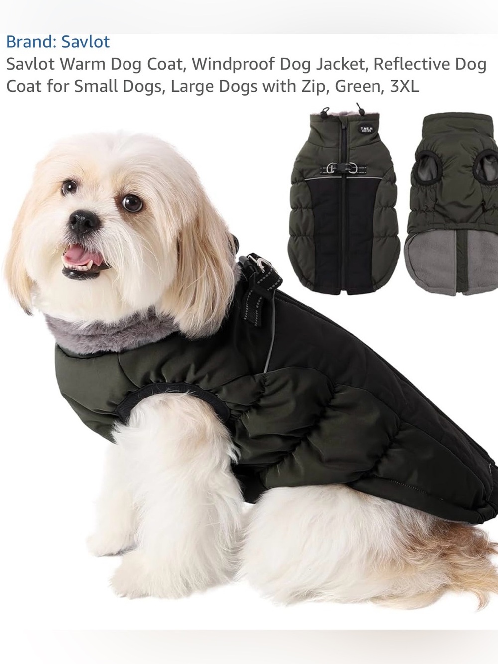 Reflective Windproof Dog Coat - Olive Green Brand New Size Large